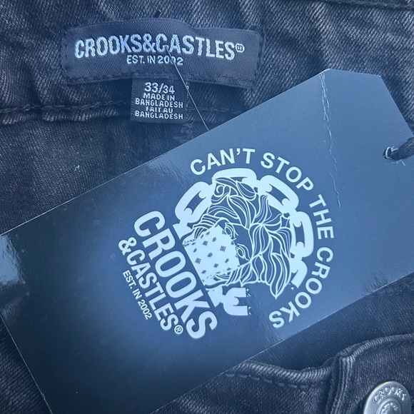 NWT Crooks & Castles Men’s Black Wash Size 33 x 34 Straight Leg Denim Jeans E6 - Picture 6 of 8